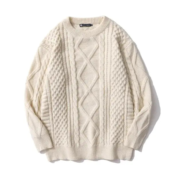 Japanese-Style Retro Rhombus Twist Round Neck Sweater