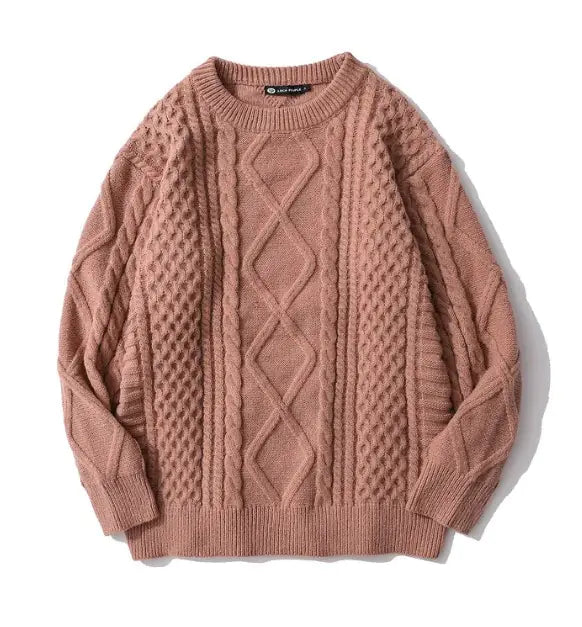 Japanese-Style Retro Rhombus Twist Round Neck Sweater