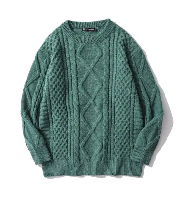 Japanese-Style Retro Rhombus Twist Round Neck Sweater