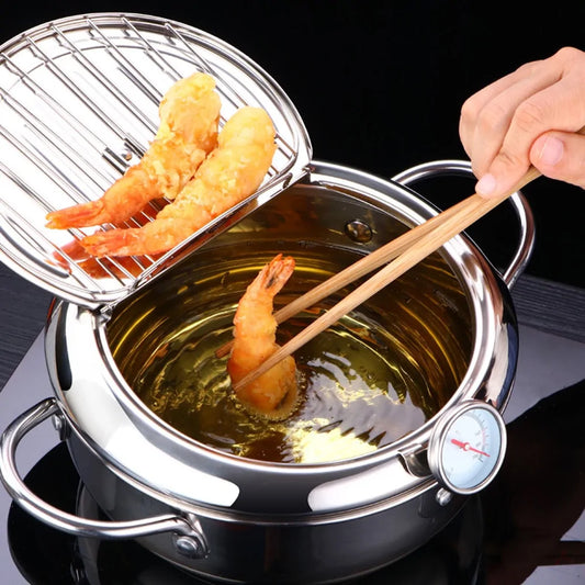 Japanese Tempura Deep Frying Pot with Built-In Thermometer - Stainless Steel