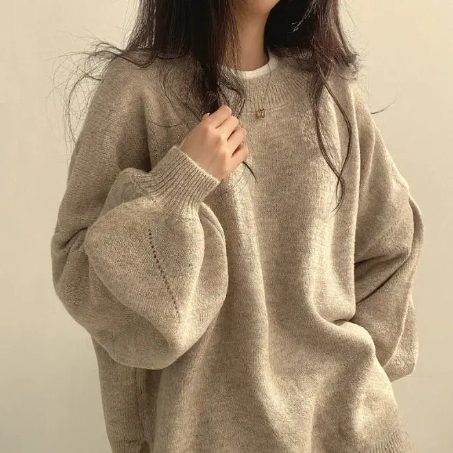 Women’s Loose Lantern Sleeve Sweater - Cozy Crewneck Pullover